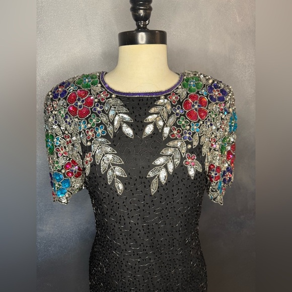 ✨ Vintage 1980s Stenay Black Silk Beaded Dress – Made in India ✨ - Picture 3 of 13